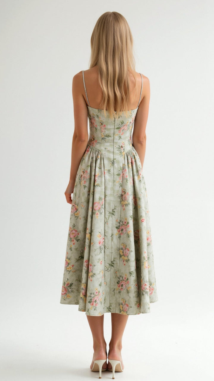 Midi Sundress with Corset Bodice and Spaghetti Straps