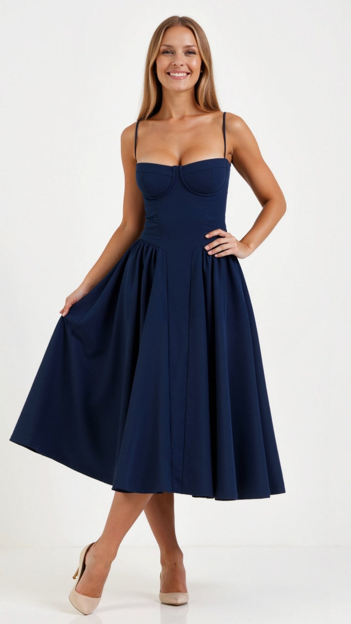 Midi Sundress with Corset Bodice and Spaghetti Straps