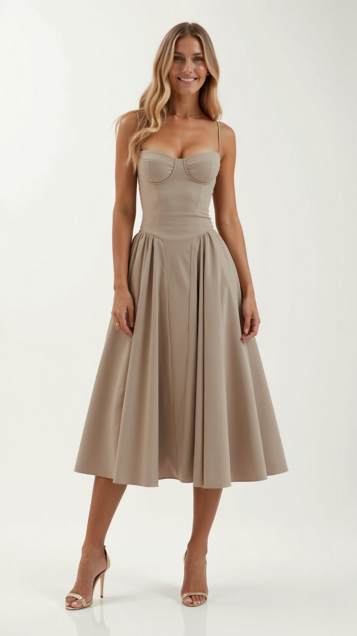 Midi Sundress with Corset Bodice and Spaghetti Straps