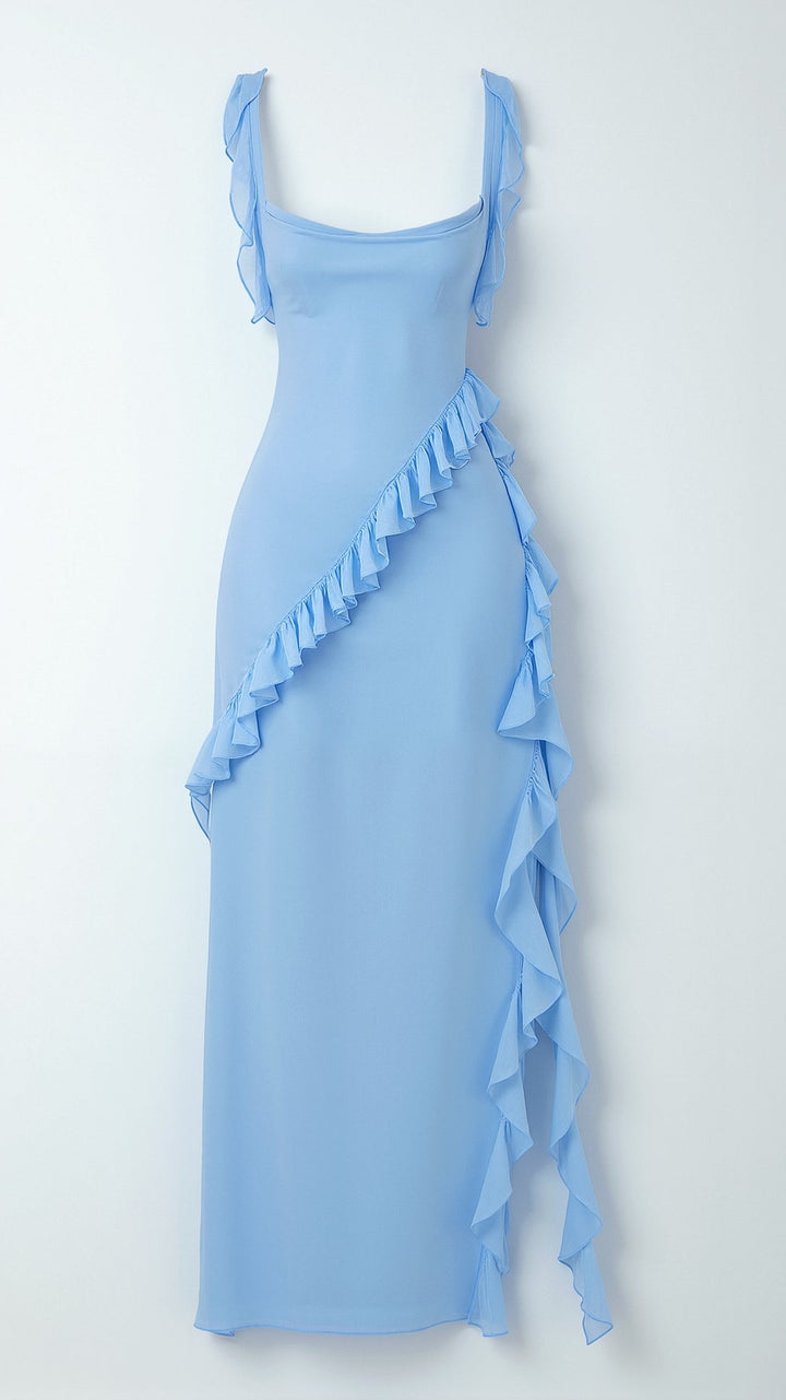 Maxi Dress with Ruffled Straps and Asymmetric Waterfall Ruffle