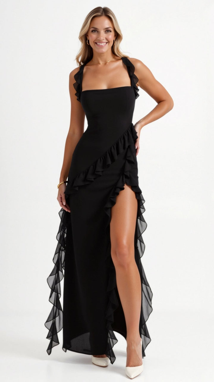Maxi Dress with Ruffled Straps and Asymmetric Waterfall Ruffle