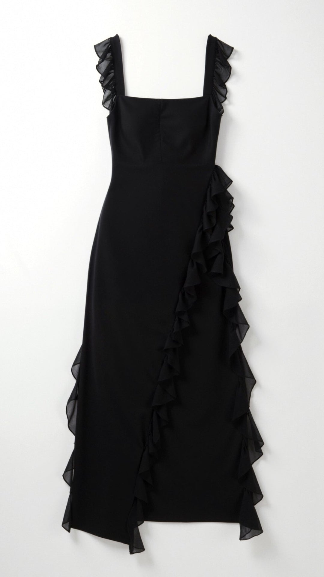 Maxi Dress with Ruffled Straps and Asymmetric Waterfall Ruffle