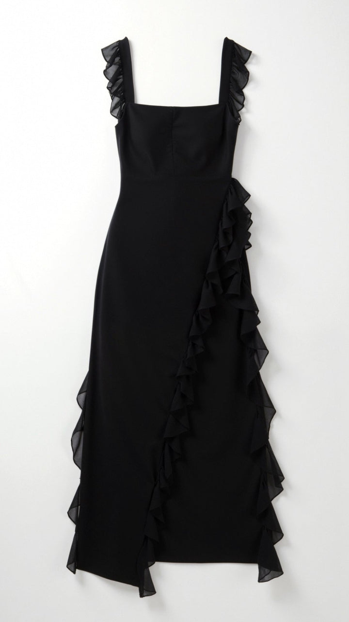 Maxi Dress with Ruffled Straps and Asymmetric Waterfall Ruffle