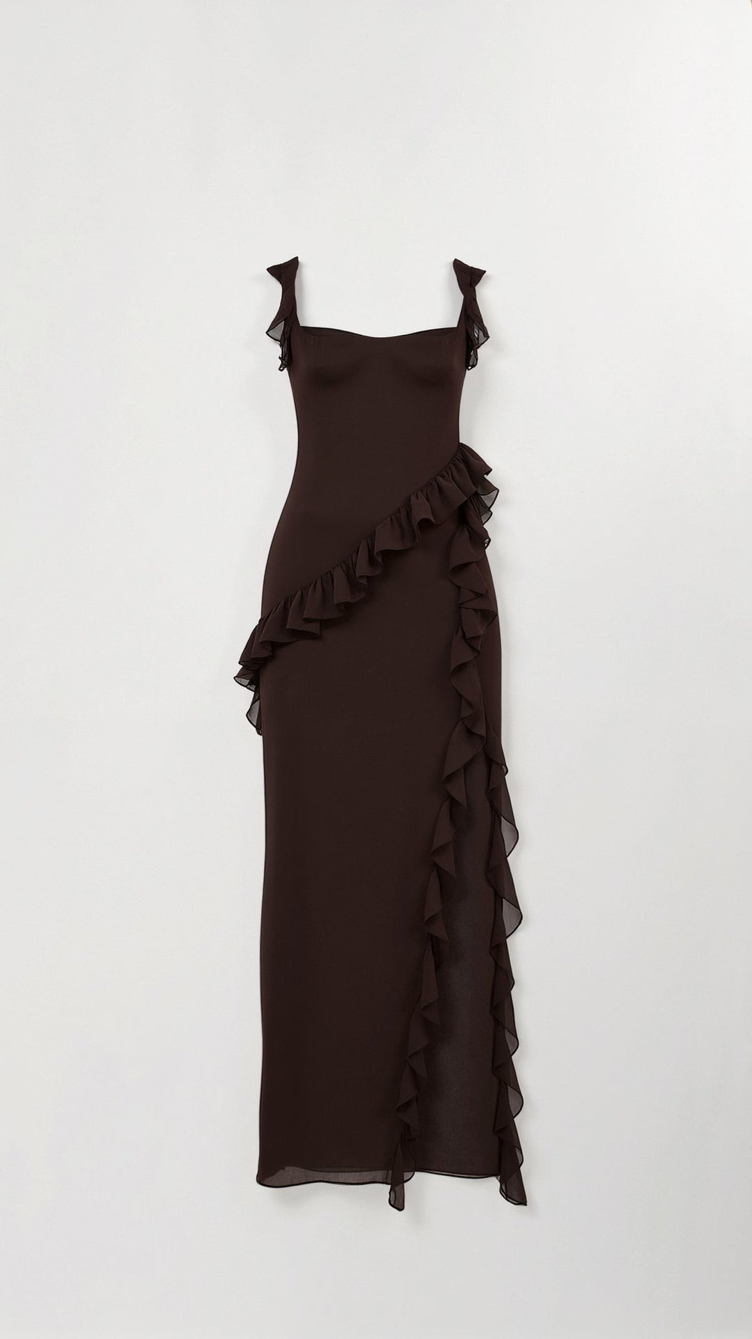 Maxi Dress with Ruffled Straps and Asymmetric Waterfall Ruffle