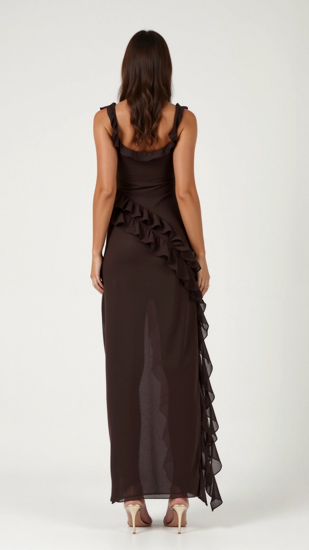 Maxi Dress with Ruffled Straps and Asymmetric Waterfall Ruffle