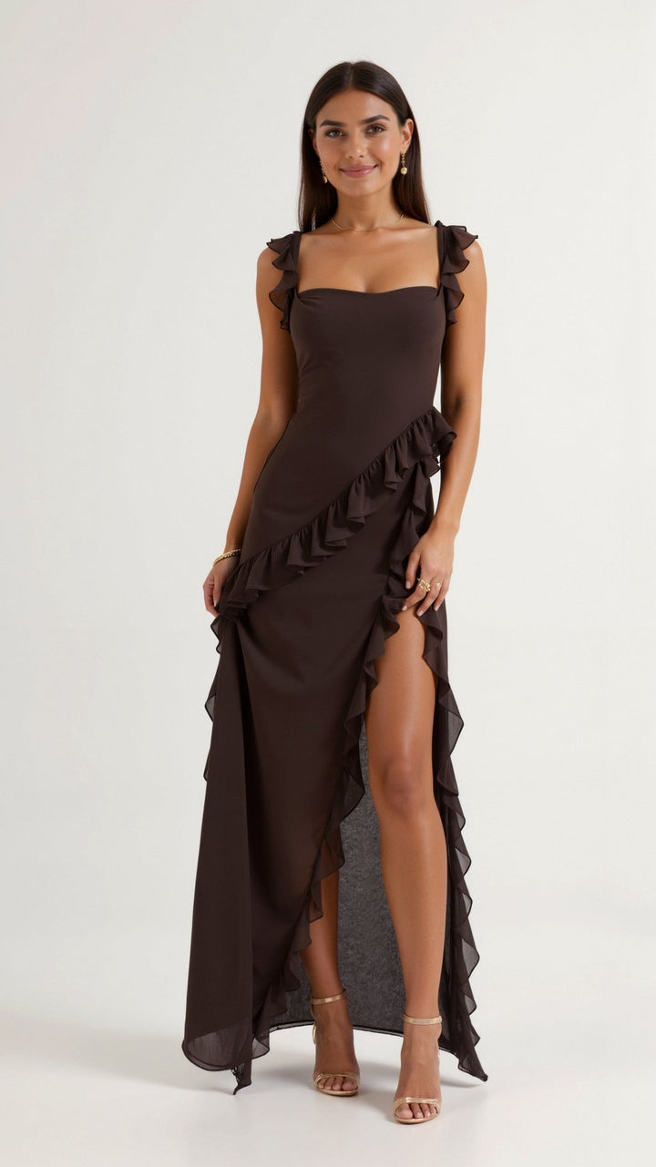 Maxi Dress with Ruffled Straps and Asymmetric Waterfall Ruffle