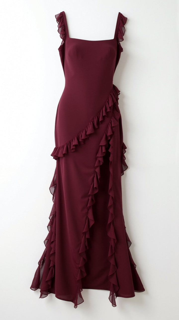 Maxi Dress with Ruffled Straps and Asymmetric Waterfall Ruffle