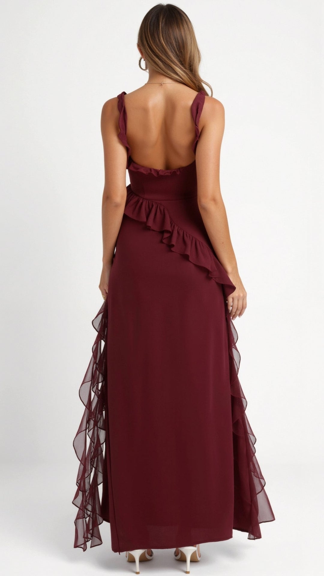 Maxi Dress with Ruffled Straps and Asymmetric Waterfall Ruffle