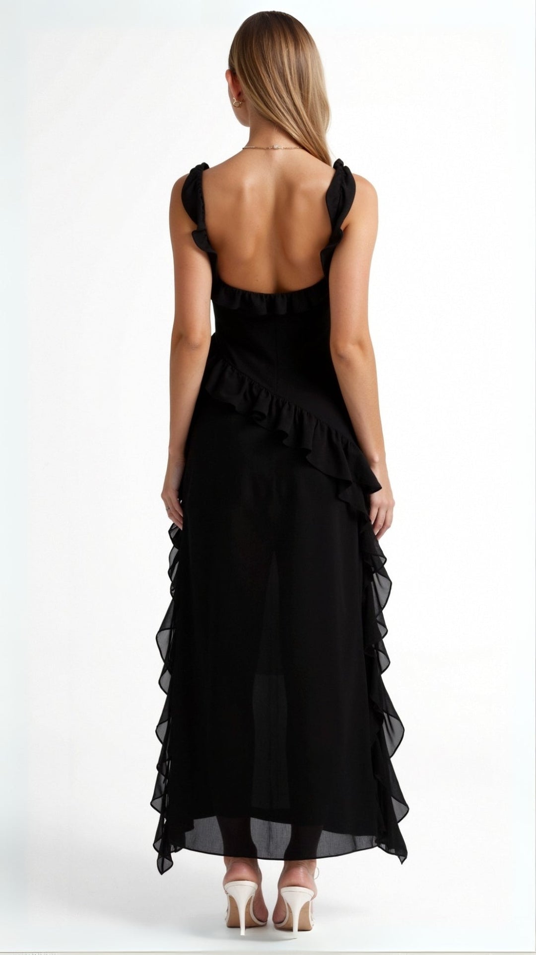 Maxi Dress with Ruffled Straps and Asymmetric Waterfall Ruffle