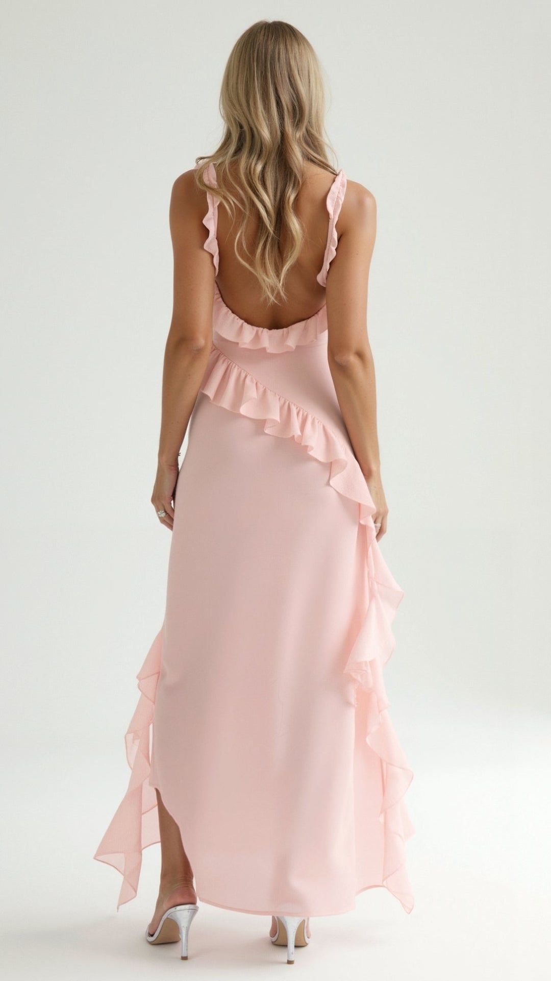 Maxi Dress with Ruffled Straps and Asymmetric Waterfall Ruffle