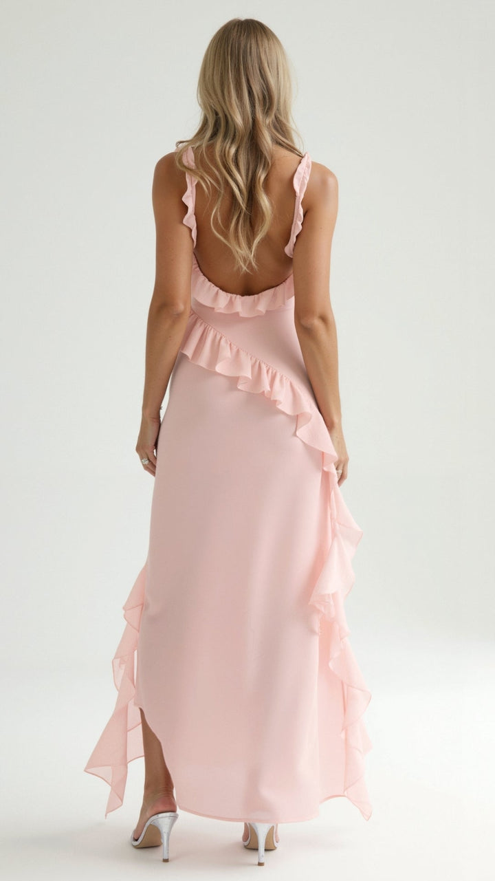 Maxi Dress with Ruffled Straps and Asymmetric Waterfall Ruffle