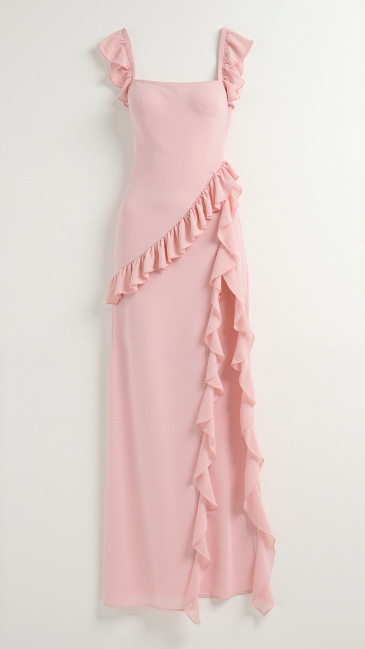Maxi Dress with Ruffled Straps and Asymmetric Waterfall Ruffle