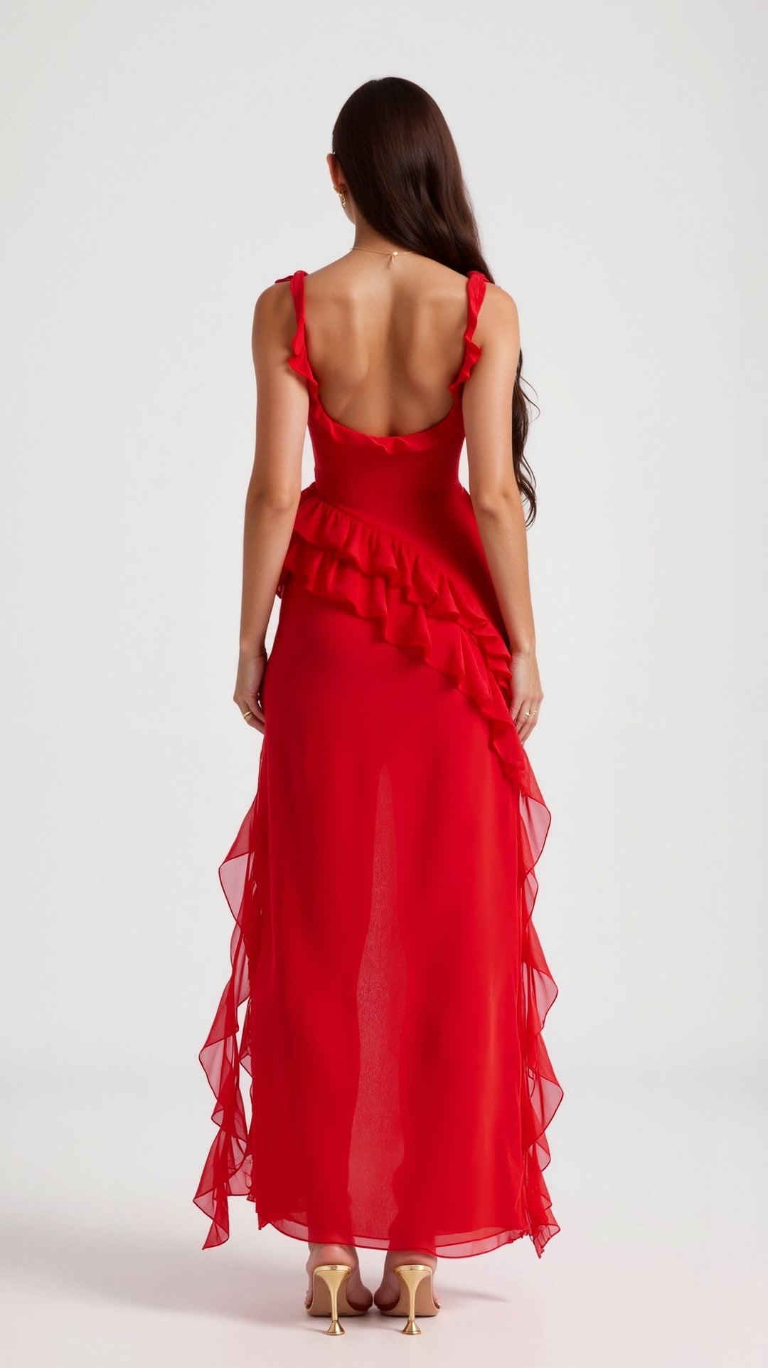 Maxi Dress with Ruffled Straps and Asymmetric Waterfall Ruffle