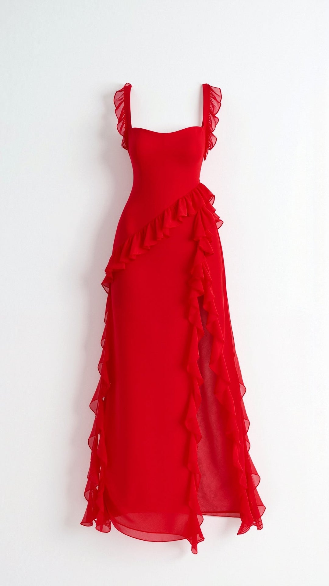 Maxi Dress with Ruffled Straps and Asymmetric Waterfall Ruffle