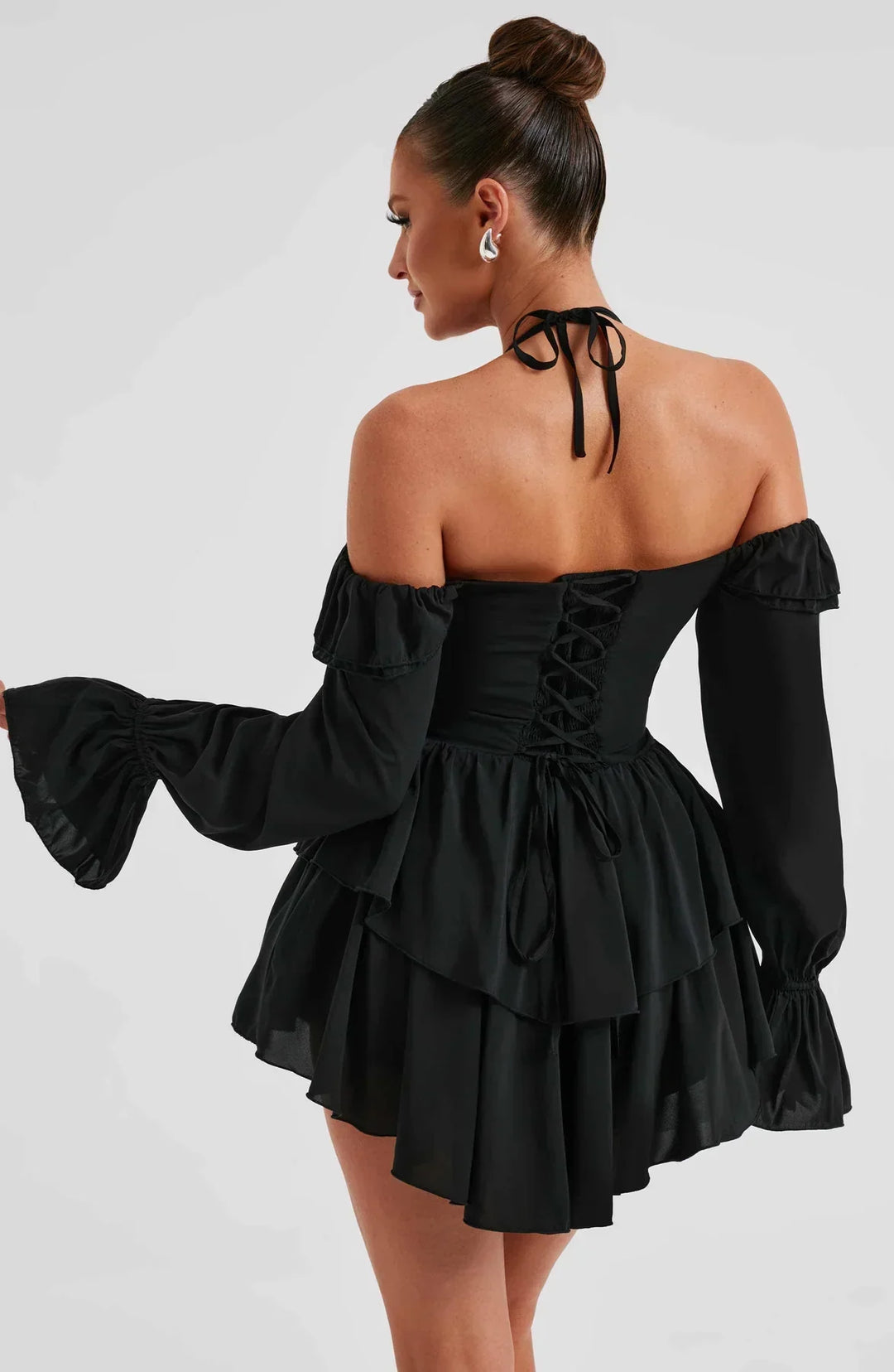 Off-the-Shoulder Playsuit with Long Flared Sleeves and Ruffle Tiered Skirt