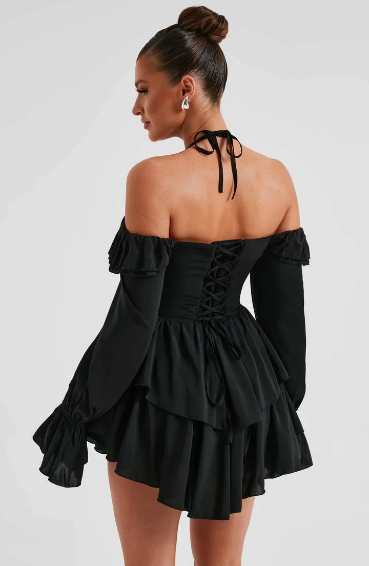 Off-the-Shoulder Playsuit with Long Flared Sleeves and Ruffle Tiered Skirt