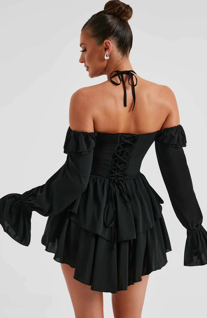 Off-the-Shoulder Playsuit with Long Flared Sleeves and Ruffle Tiered Skirt