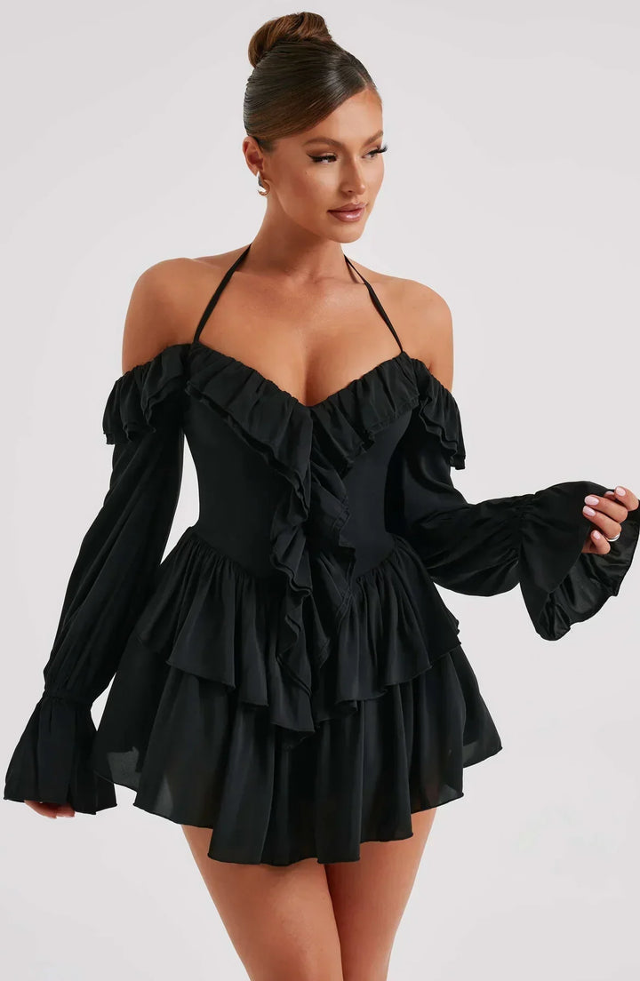 Off-the-Shoulder Playsuit with Long Flared Sleeves and Ruffle Tiered Skirt