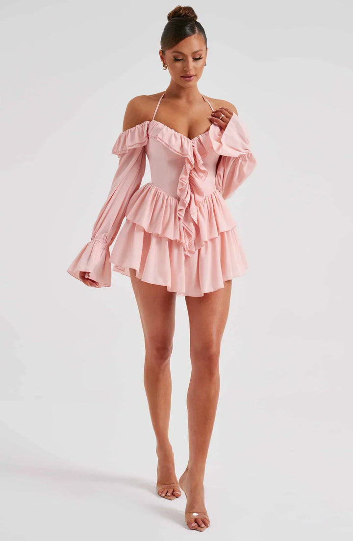 Off-the-Shoulder Playsuit with Long Flared Sleeves and Ruffle Tiered Skirt