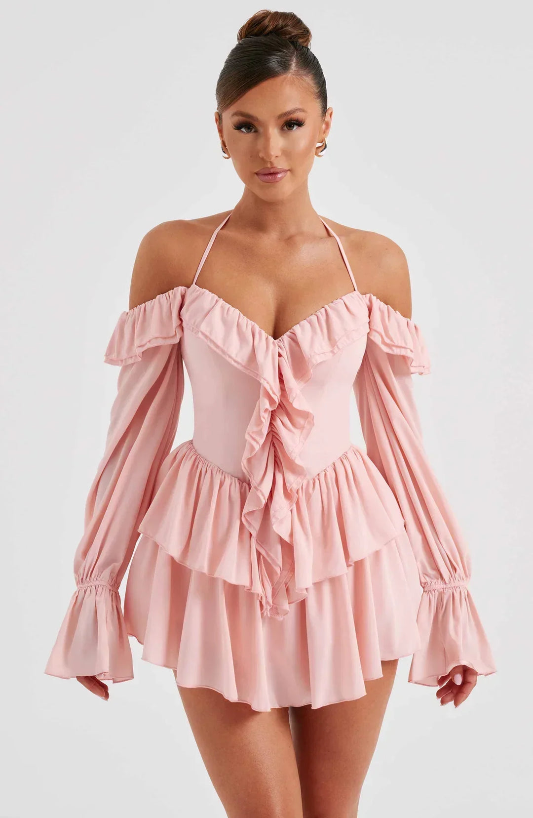 Off-the-Shoulder Playsuit with Long Flared Sleeves and Ruffle Tiered Skirt