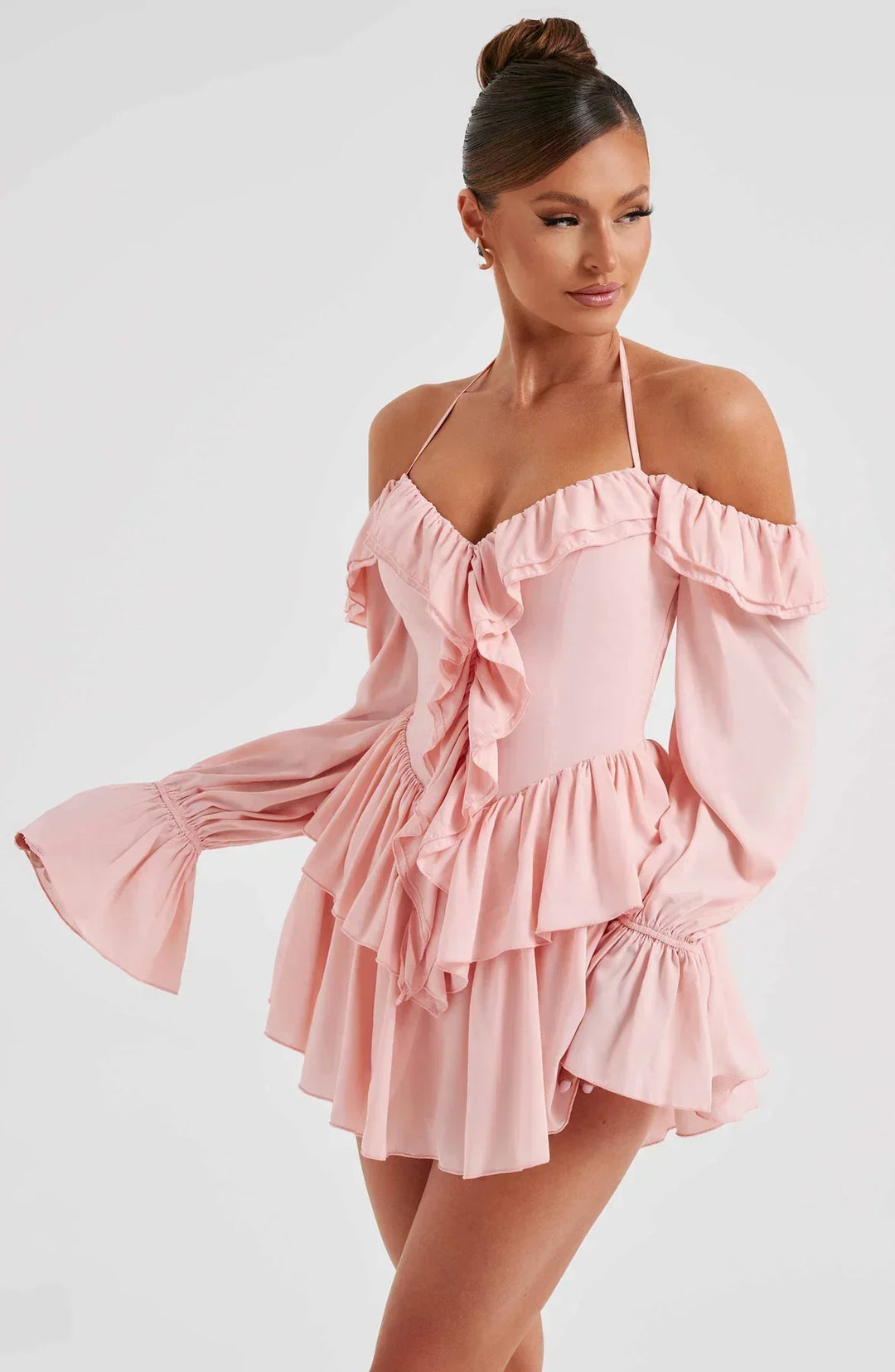 Off-the-Shoulder Playsuit with Long Flared Sleeves and Ruffle Tiered Skirt