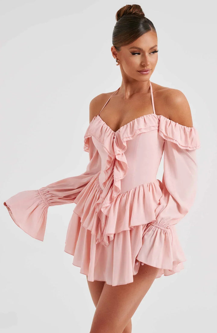 Off-the-Shoulder Playsuit with Long Flared Sleeves and Ruffle Tiered Skirt