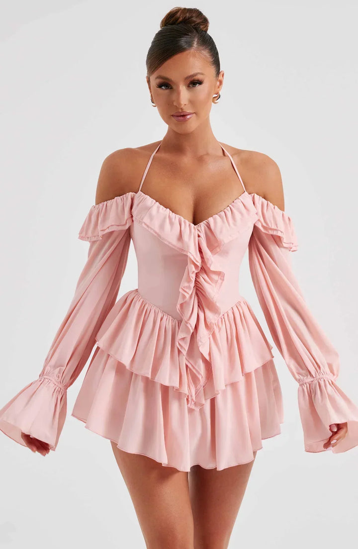Off-the-Shoulder Playsuit with Long Flared Sleeves and Ruffle Tiered Skirt