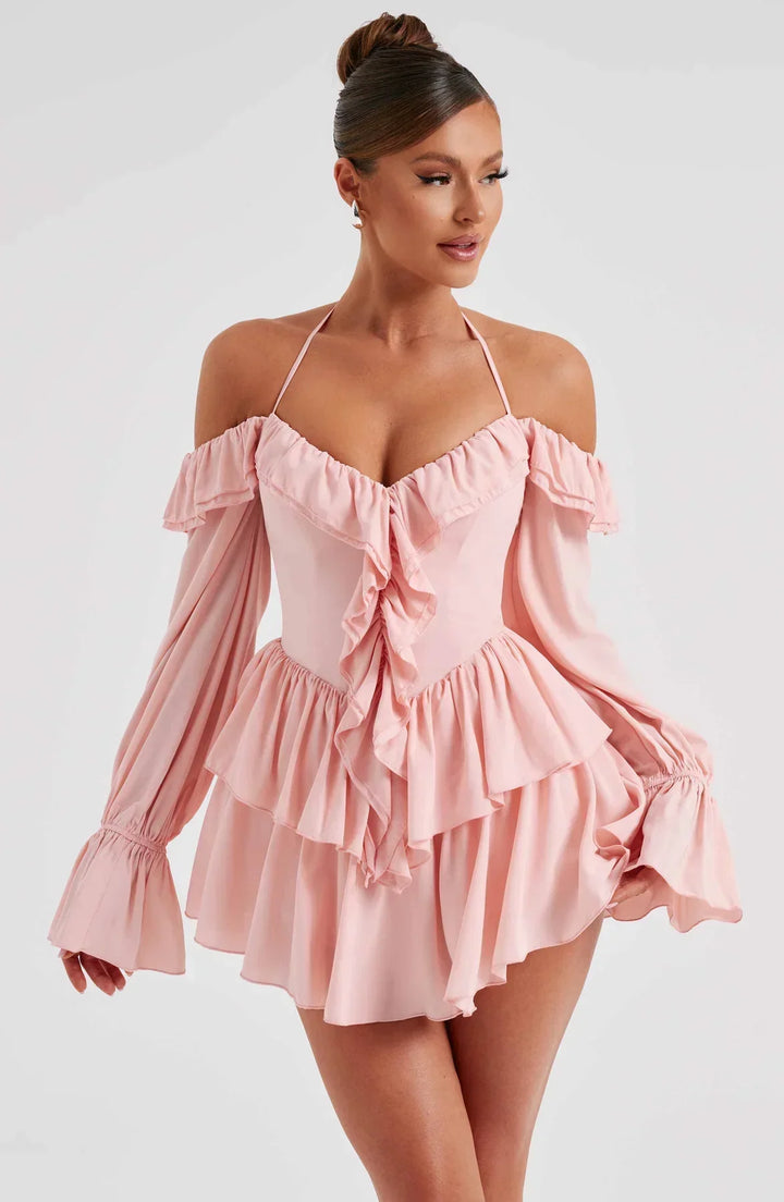 Off-the-Shoulder Playsuit with Long Flared Sleeves and Ruffle Tiered Skirt
