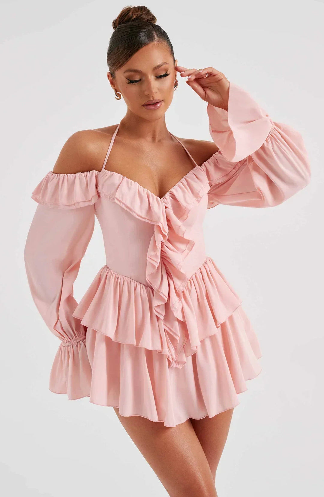Off-the-Shoulder Playsuit with Long Flared Sleeves and Ruffle Tiered Skirt