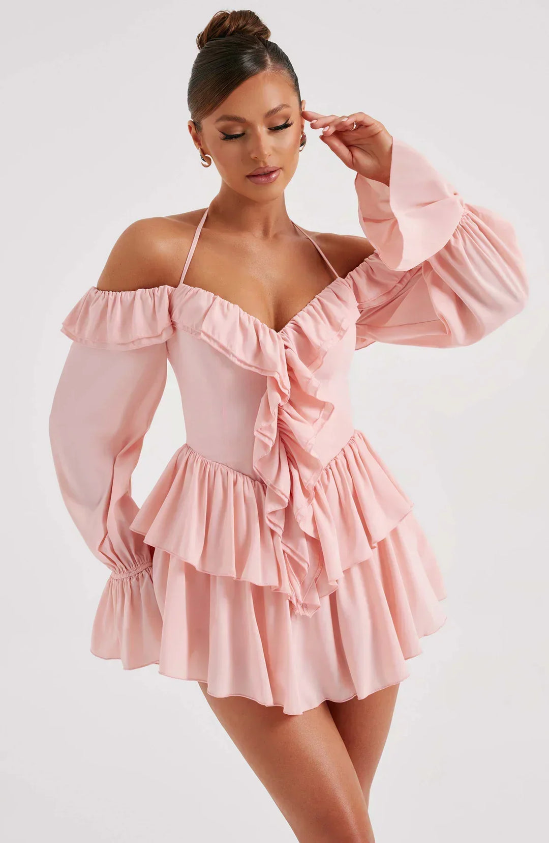 Off-the-Shoulder Playsuit with Long Flared Sleeves and Ruffle Tiered Skirt