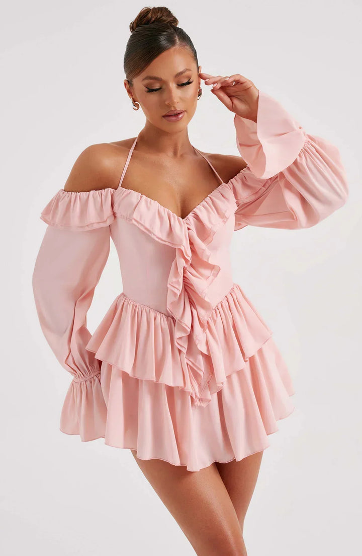 Off-the-Shoulder Playsuit with Long Flared Sleeves and Ruffle Tiered Skirt