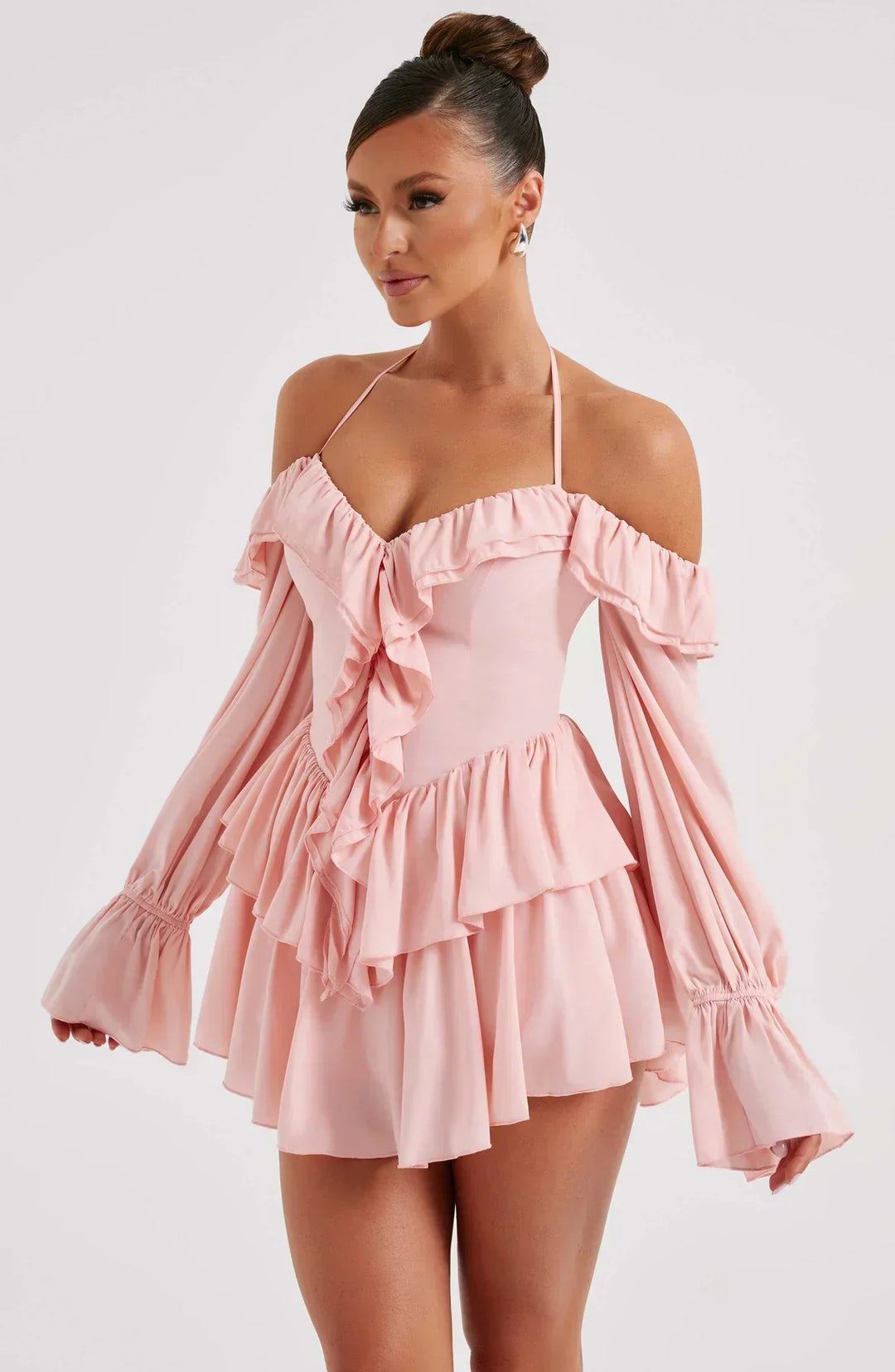 Off-the-Shoulder Playsuit with Long Flared Sleeves and Ruffle Tiered Skirt