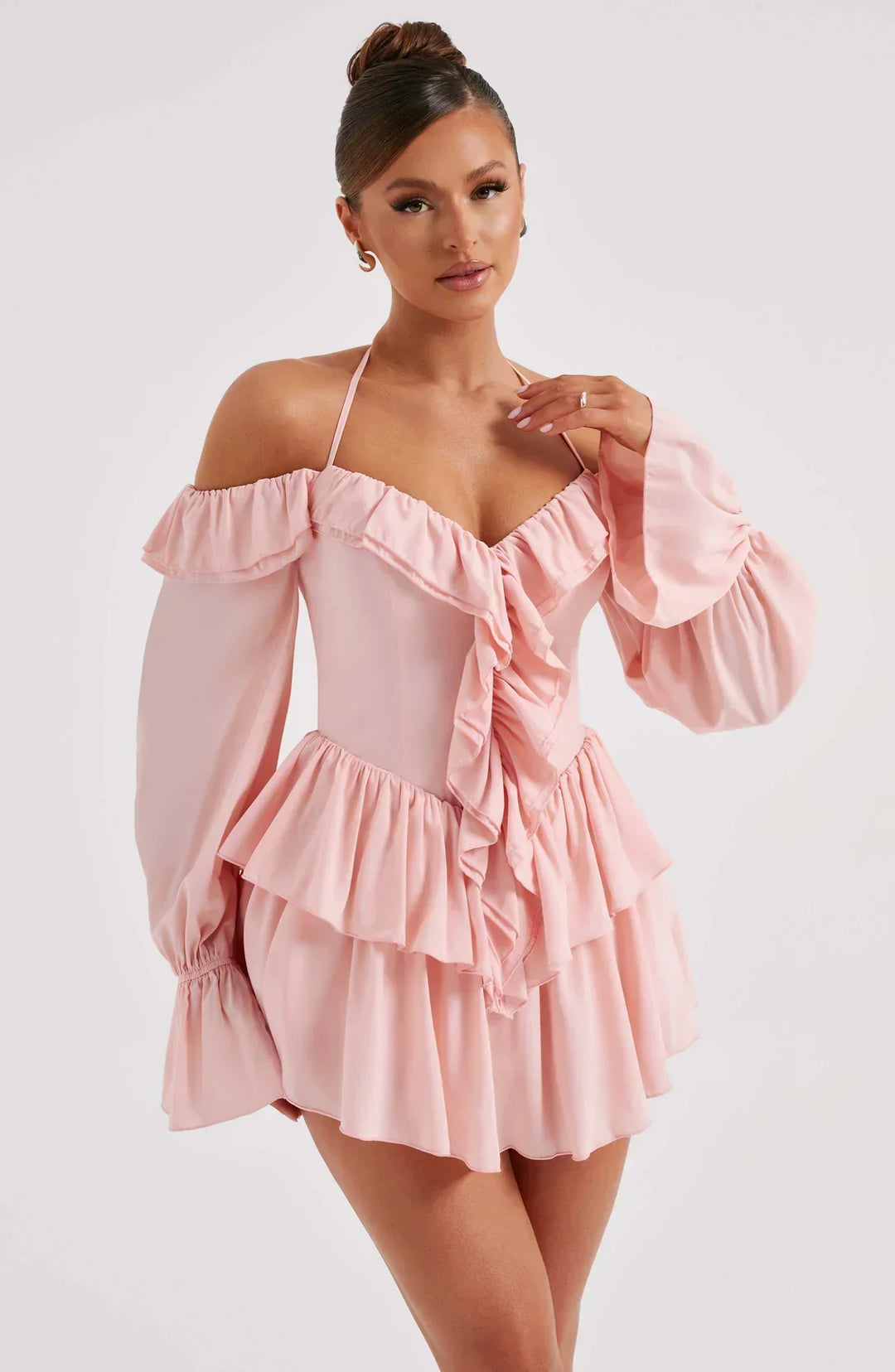Off-the-Shoulder Playsuit with Long Flared Sleeves and Ruffle Tiered Skirt
