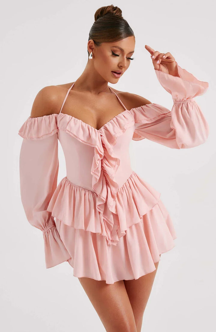 Off-the-Shoulder Playsuit with Long Flared Sleeves and Ruffle Tiered Skirt