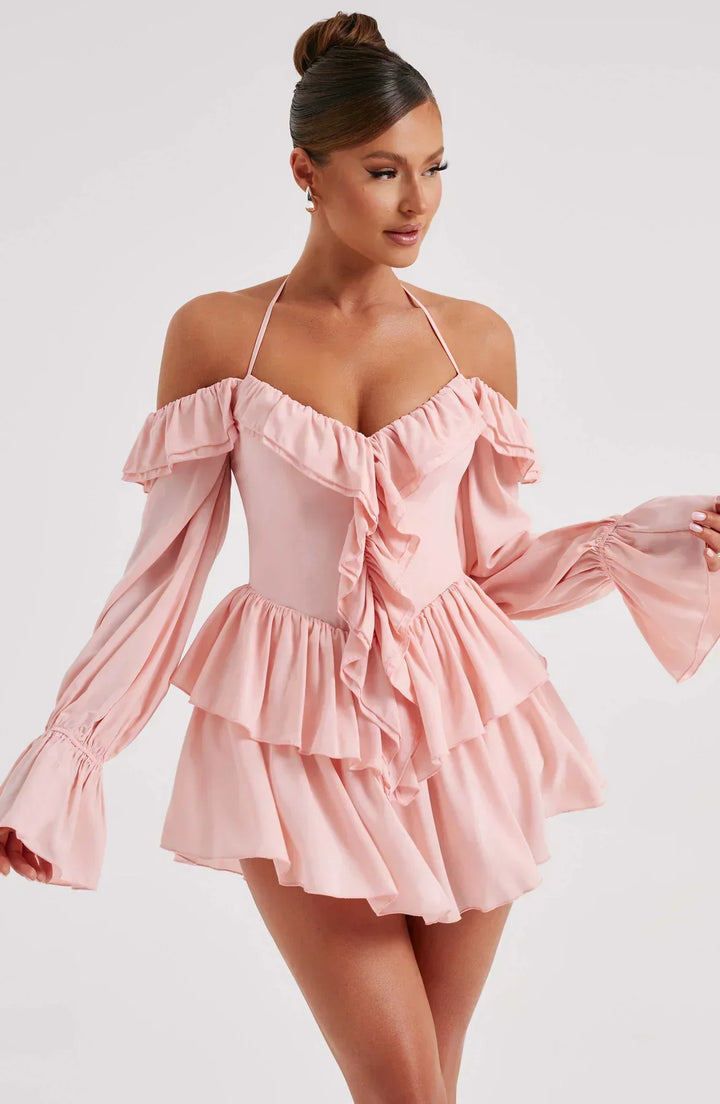 Off-the-Shoulder Playsuit with Long Flared Sleeves and Ruffle Tiered Skirt