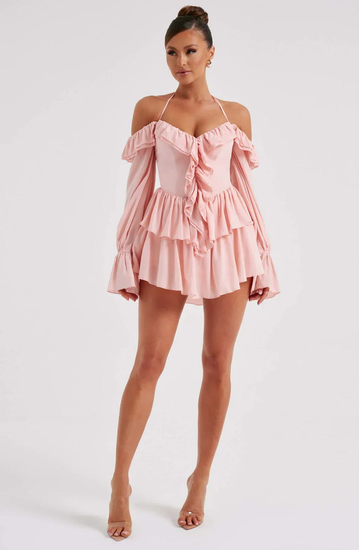 Off-the-Shoulder Playsuit with Long Flared Sleeves and Ruffle Tiered Skirt