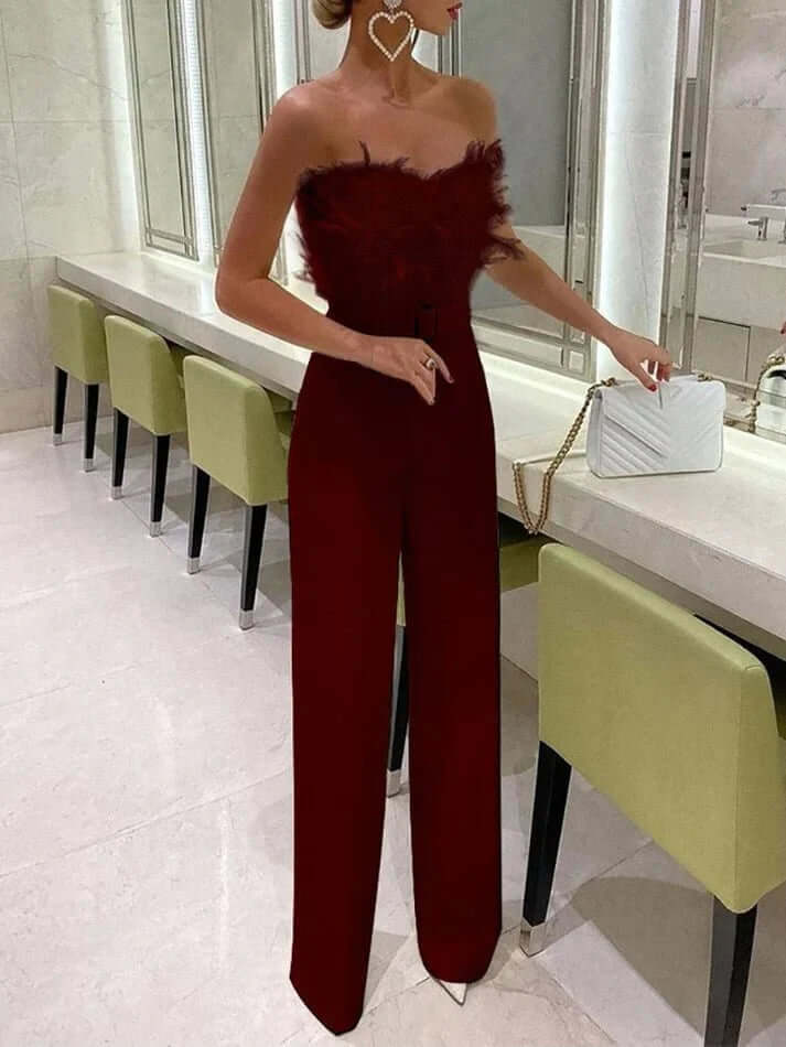 Inara - Feathered Strapless Top & High-Waist Tailored Trousers Set