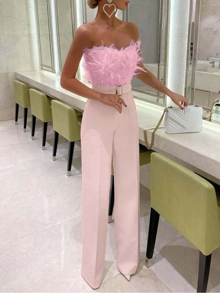 Inara - Feathered Strapless Top & High-Waist Tailored Trousers Set