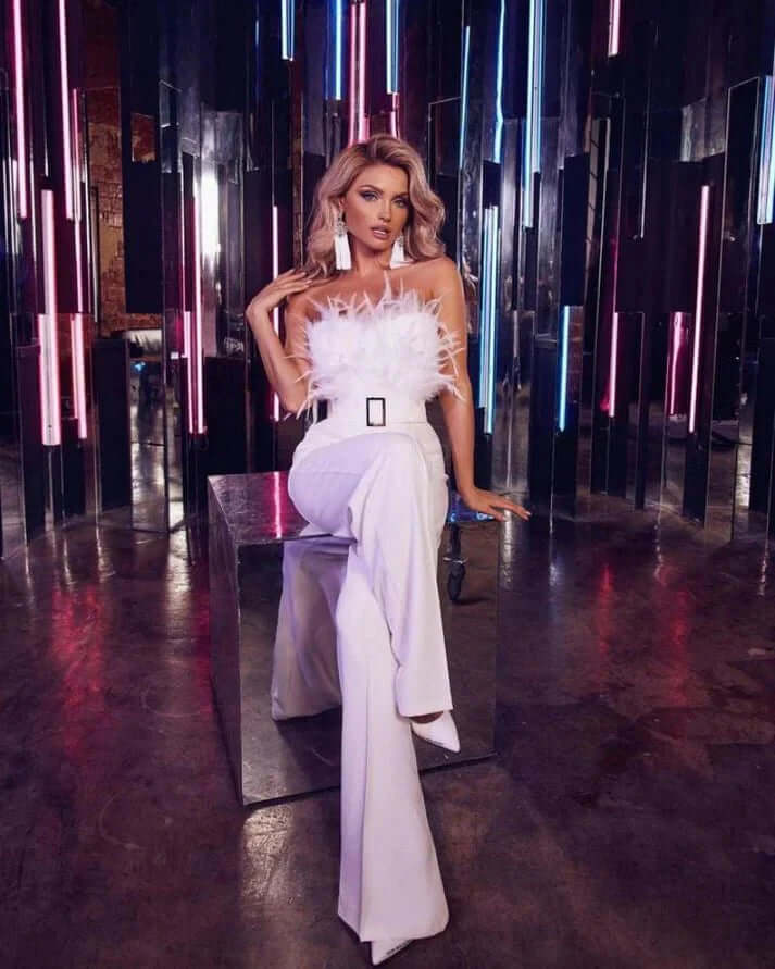 Inara - Feathered Strapless Top & High-Waist Tailored Trousers Set