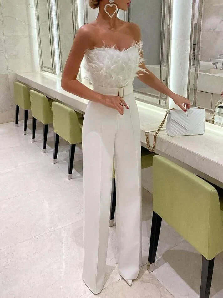 Inara - Feathered Strapless Top & High-Waist Tailored Trousers Set