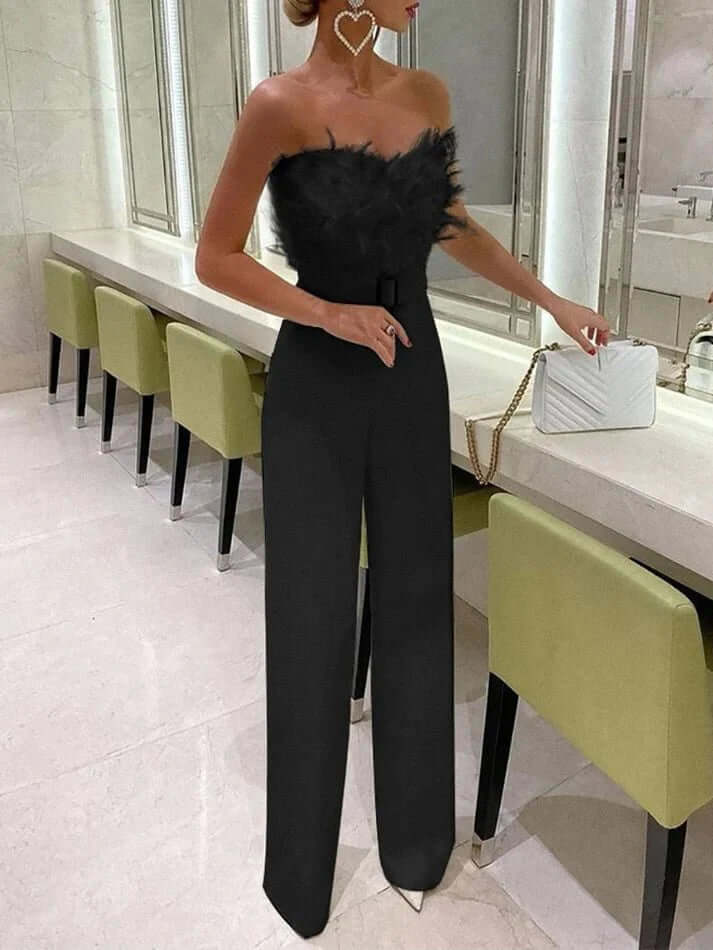 Inara - Feathered Strapless Top & High-Waist Tailored Trousers Set
