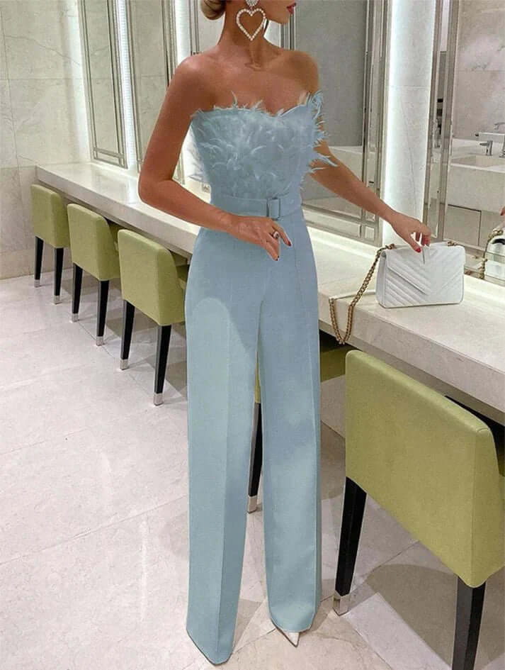 Inara - Feathered Strapless Top & High-Waist Tailored Trousers Set