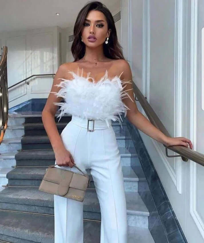 Inara - Feathered Strapless Top & High-Waist Tailored Trousers Set