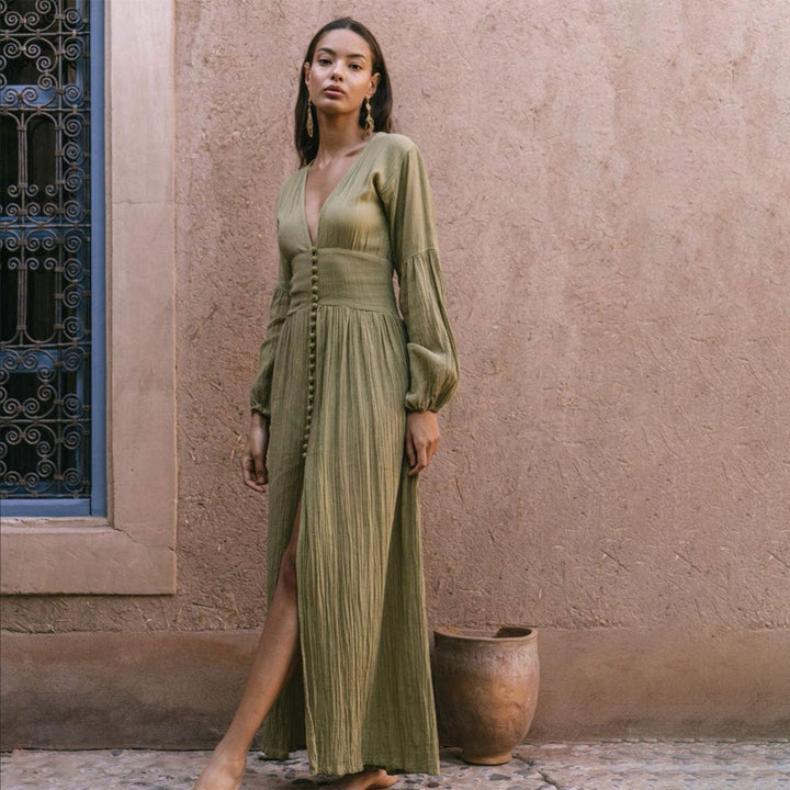 V-Neckline Maxi Dress with Balloon Sleeves and Button Front Closure