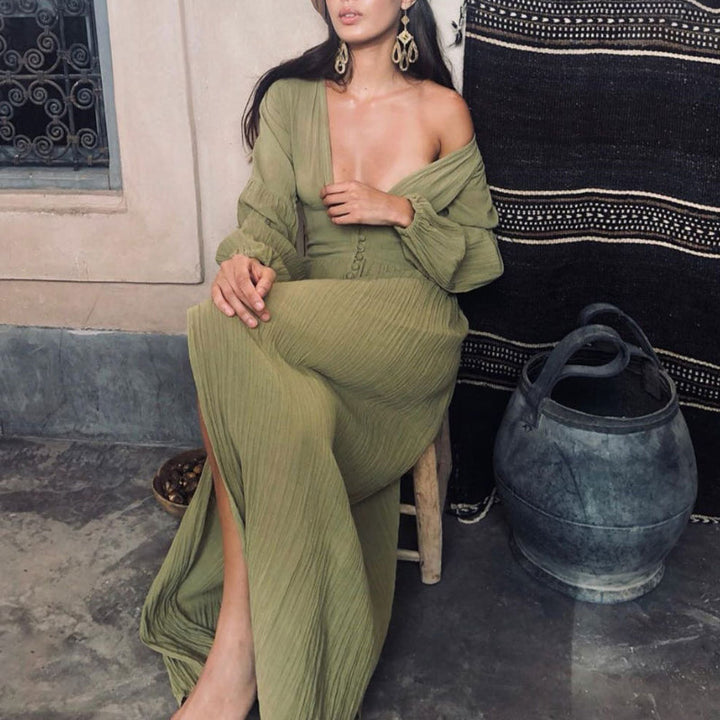 V-Neckline Maxi Dress with Balloon Sleeves and Button Front Closure