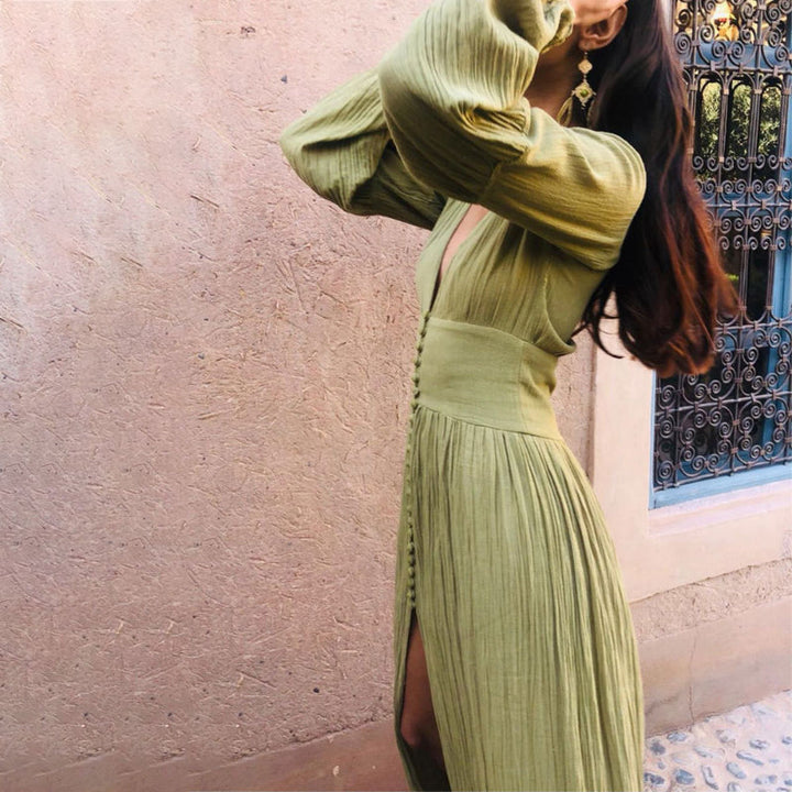 V-Neckline Maxi Dress with Balloon Sleeves and Button Front Closure