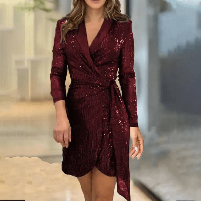 Long Sleeve Wrap Mini Dress with Notched Lapels and Tie-Waist Closure