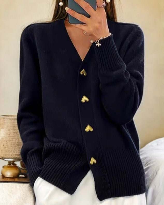 V-Neck Cardigan with Long Sleeves and Front Button Closure