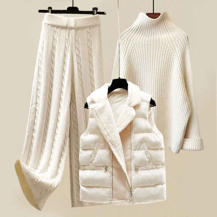 Cable Knit Trousers, Ribbed Turtleneck Sweater, and Padded Gilet Set