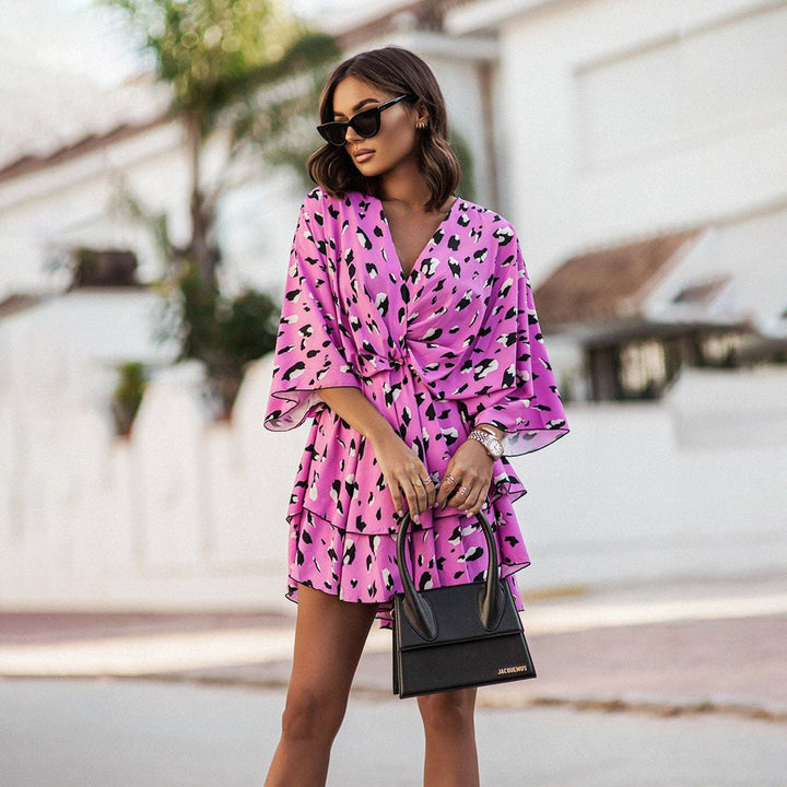 V-Neck Romper with Bell Sleeves and Ruffle Tiered Hem